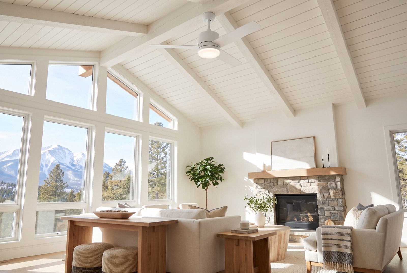 Modern ceiling fan installed on a vaulted white ceiling in a bright living room