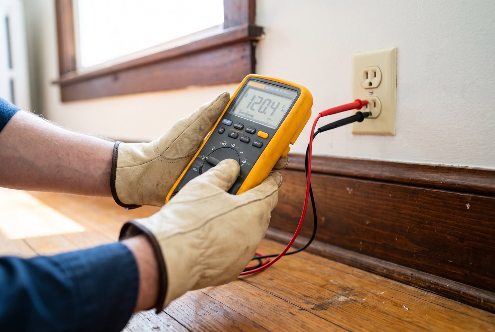 Electrician testing a residential wall outlet with a digital multimeter