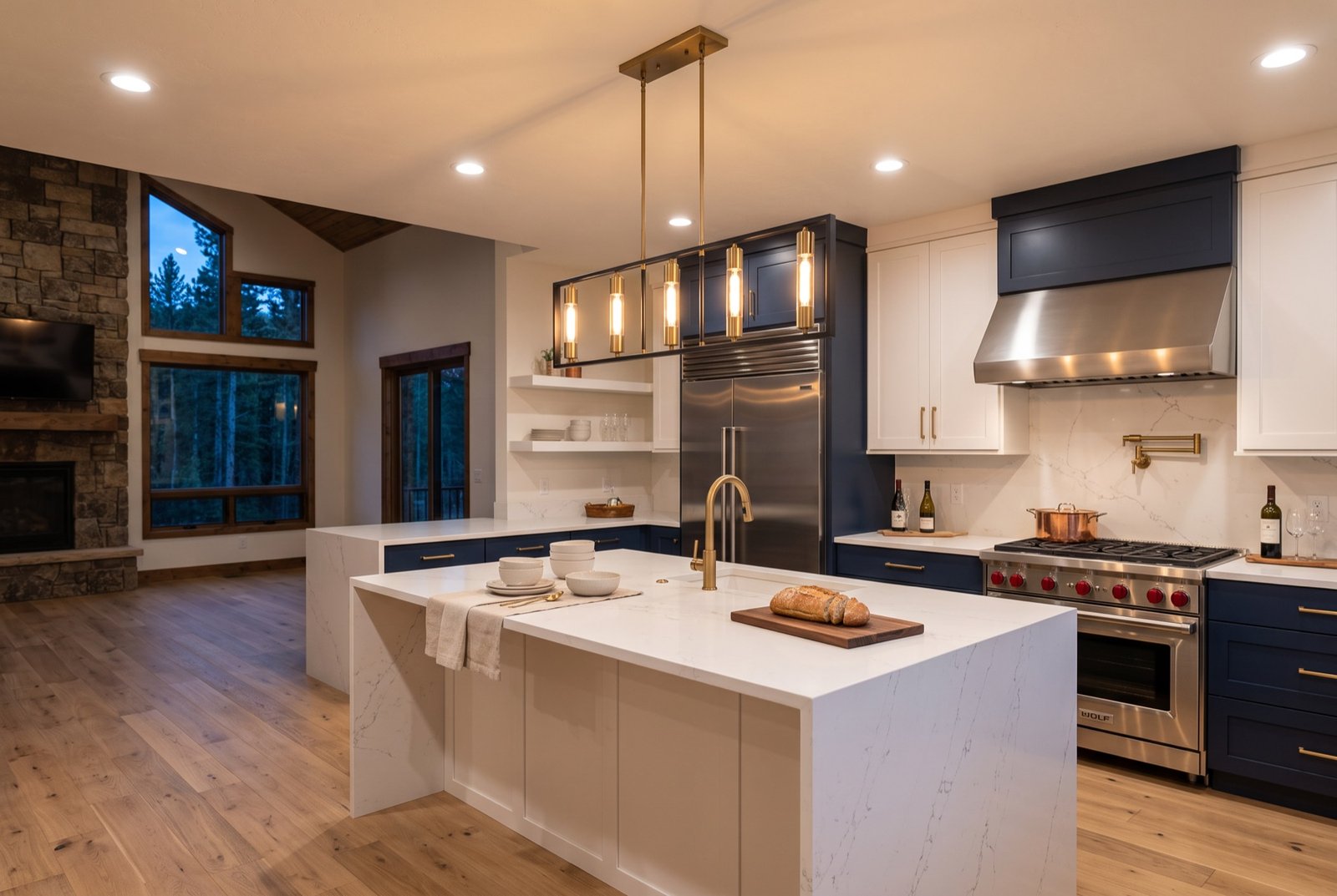 Recessed LED lighting and pendant fixtures installed above a white kitchen island