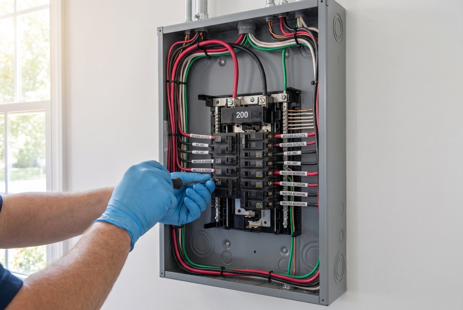 New 200-amp residential breaker panel with neatly organized and labeled wiring
