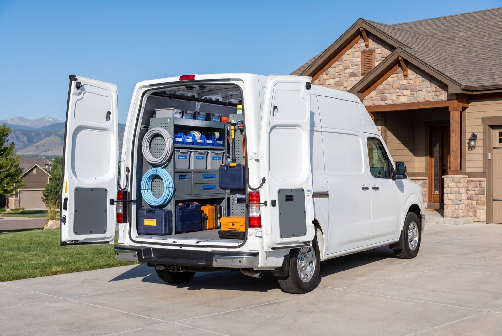 Organized electricians service van parked at a Northern Colorado home