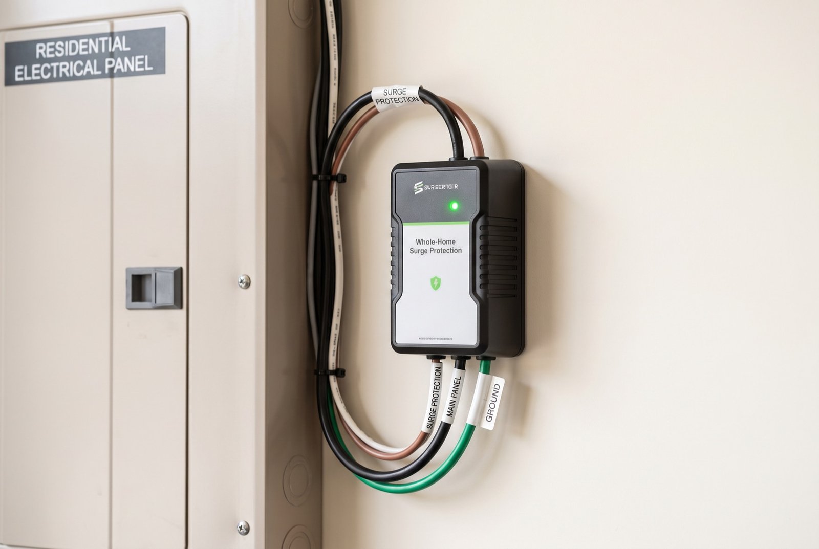 Whole-home surge protection device mounted beside a residential electrical panel